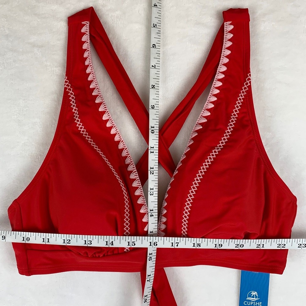NWT Cupshe Red & White Embroidered High Waisted Tie Back Bikini Set Size Medium - Picture 2 of 7